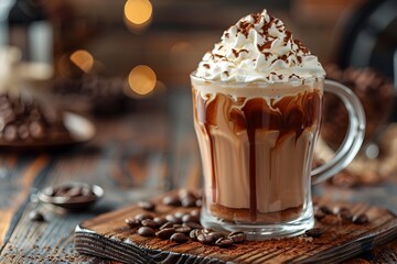 Wall Mural - Cozy Mocha Delight in a Glass Mug Topped with Whipped Cream and Chocolate Drizzle on a Cafe Counter