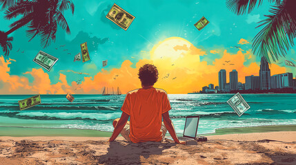 Poster - A man is sitting on the beach with a laptop and a pile of money