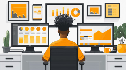 Poster - a man is sitting in front of a computer with three monitors and a keyboard