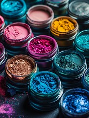 Poster - Close-up of assorted colorful makeup pigments and powders arranged artistically in small jars. Generative AI