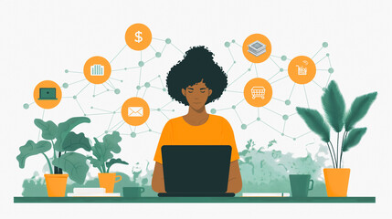 Poster - A woman is sitting at a desk with a laptop and a plant in front of her