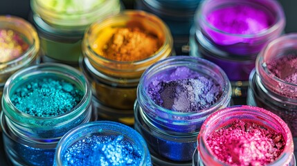 Poster - A close-up view of assorted colorful makeup pigments and powders in small glass jars, arranged in a visually appealing display. Generative AI