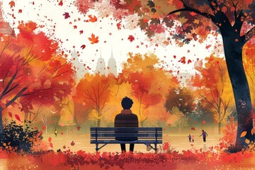 A man sits on a bench in a park with trees and leaves falling around him