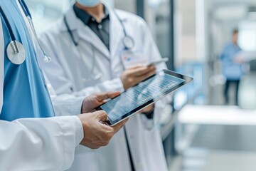 The picture shows a medical team discussing a patient's treatment plan on a digital tablet in a hospital.