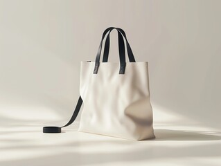 White canvas tote bag with black leather handles and shoulder strap.