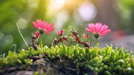 Poster - Ants carrying flower petals to their nest, showcasing their role as essential pollinators in maintaining ecosystem biodiversity