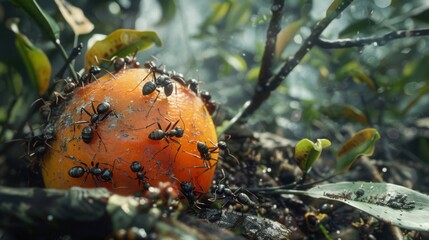 Poster - Ants swarming around a fallen fruit, highlighting their role in seed dispersal and nutrient recycling in forest ecosystems.
