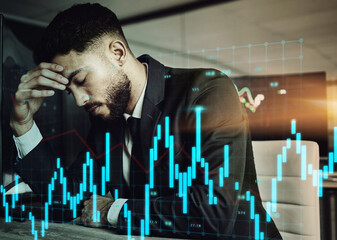 Sticker - Businessman, chart and stress with technology and overlay in office for investment or finance problem. Stock market crash, computer and male trader in workplace with headache from statistics at night