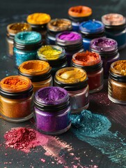 Poster - An assortment of colorful makeup pigments and powders in small jars, arranged in a creative pattern on a dark background. Generative AI