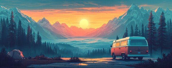 RV or electric recreational vehicle powered by electric alternative energy in a futuristic van design with tent camping in the nature wild mountains while saving the environment as wide, Generative AI