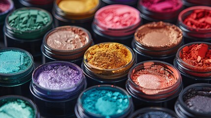 Poster - A close-up shot of a variety of colorful makeup pigments and powders in small jars, arranged in a visually appealing pattern. Generative AI