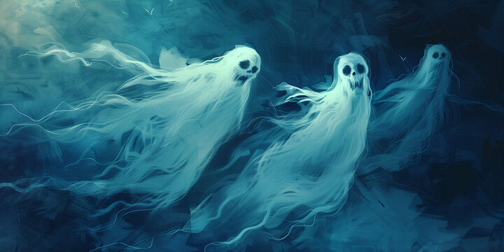 Ghosts and spirits floating in the air, creating a spooky feeling.