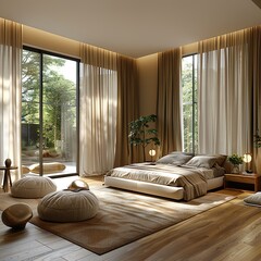 Panoramic view of the modern minimalist bedroom, accentuated by two thick chenille curtains hanging from the large windows