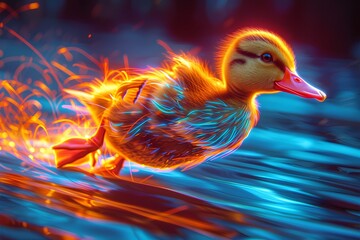 Wall Mural - illustration of a running duck with neon effects