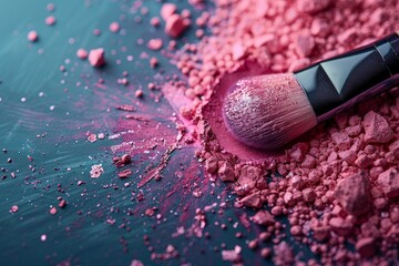 Close-up of a cosmetic brush with vibrant pink makeup powder against a blue textured surface