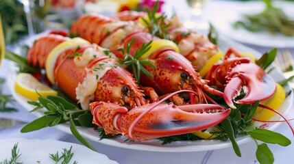 Lobster claws and tails arranged on a platter with fresh herbs and lemon slices, presenting a gourmet seafood appetizer for a special occasion.