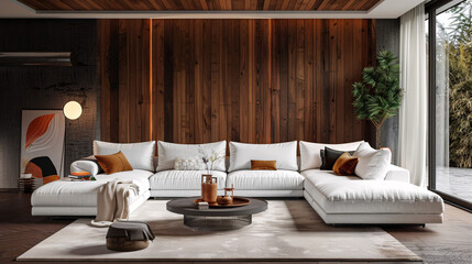 Poster - Luxurious home interior featuring a white sofa, wooden walls, and trendy decor elements