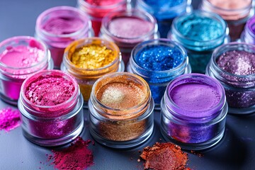 Poster - Assorted colorful makeup pigments and powders in small jars arranged on a black surface. Generative AI