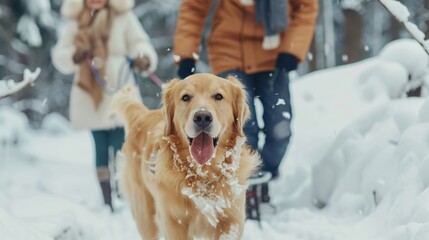 Poster - Happy family walking their pet golden retriever in the winter forest outdoors. Active Christmas holidays