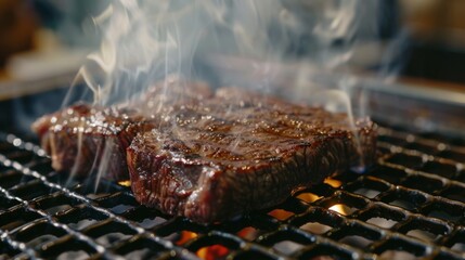 Wall Mural - Succulent beef steak sizzling on a hot grill, releasing mouthwatering aromas as it cooks to perfection.