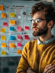 Poster - entrepreneur planning product launch with whiteboard and sticky notes for online business