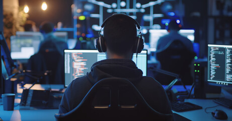 A man is working at a desk in an office, coding at a computer. He is wearing headphones and is sitting in a chair. The room is lit with soft light from overhead fixtures.