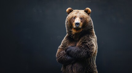 a large brown bear stands tall, arms crossed, looking directly at the camera. the bear is set agains