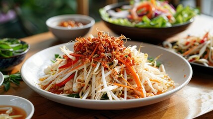 Wall Mural - A delicious plate of garnished with dried red kapok flowers and served with fresh cabbage and bean sprouts.