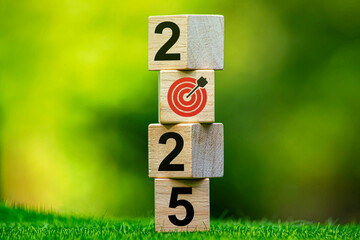 2025 New Year goal plan action. Wooden cubes with 2025 and target icon on a green background. Business plan and development for achieving goals. Goal