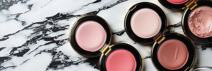 Poster - Close-up of compact cases of powder and blush, showcasing their rich colors and elegant presentation on a marble surface. Generative AI