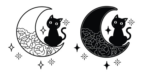 Mystical Black Cat Sitting on the Crescent Moon with Rose and Stars, Silhouette Design, Cute Kawaii Style Cartoon.