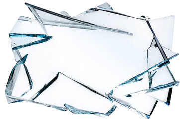 An image showing scattered shards of broken glass framing a transparent, white background, designed as png