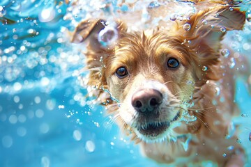 Wall Mural - Happy puppy dog playing in the water, swimming, enjoying vacation holiday on hot sunny day