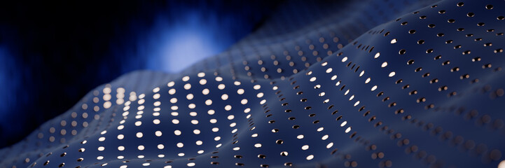 Poster - Abstract wave-like pattern with dots on a dark blue background. 3d rendering