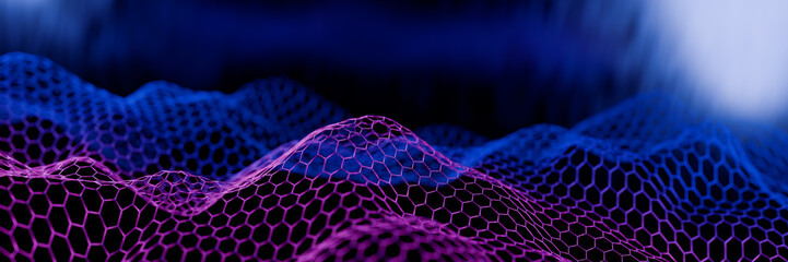 Poster - Abstract digital landscape with blue and purple hexagonal grid patterns. 3d rendering