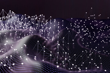 Poster - Abstract digital landscape with interconnected dots and lines forming a network on a dark background. 3d rendering