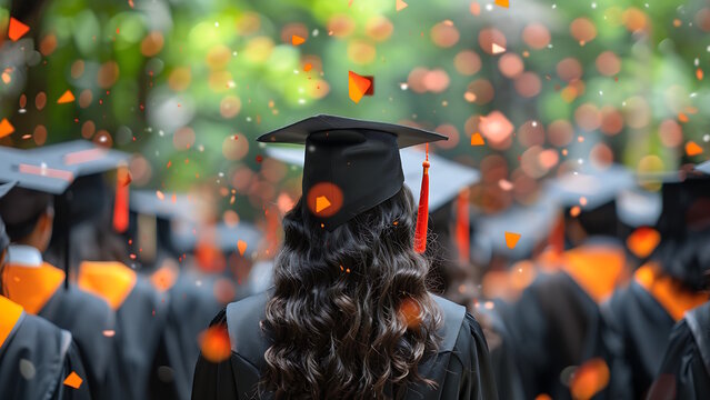 Rear view of university graduate wearing graduation gown and graduation cap.