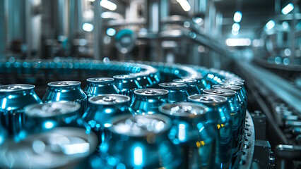 Conveyor lines carry thousands of aluminum beverage cans at the factory, running automatically.