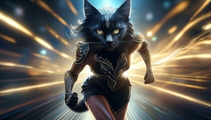 Superhero black cat person running through the streets at night.