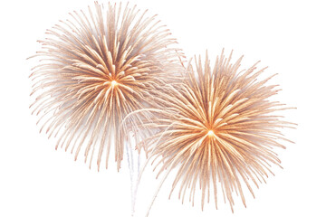 three golden firework bursts with delicate trails on a transparent, png, white background, suitable 