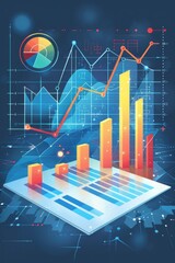 Poster - Financial Analysis Report with Charts and Growing Line Graph on Blue Background