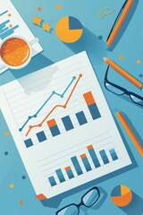 Poster - Financial Analysis Report with Charts and Growing Line Graph on Blue Background