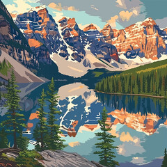 Wall Mural - vector illustration, moraine lake in summer, canada, during sunrise. Must-see touristic spot in nature in Banff National Park, Alberta, Canada. Wonderful nature scenery during early morning. Wonderful