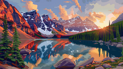 Wall Mural - vector illustration, moraine lake in summer, canada, during sunrise. Must-see touristic spot in nature in Banff National Park, Alberta, Canada. Wonderful nature scenery during early morning. Wonderful