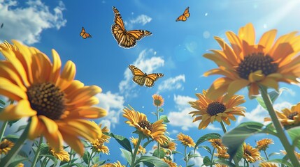 Sticker - Harmony of Nature: Golden Sunflower Bloom with Monarch Butterflies Soaring in Serene Blue Sky