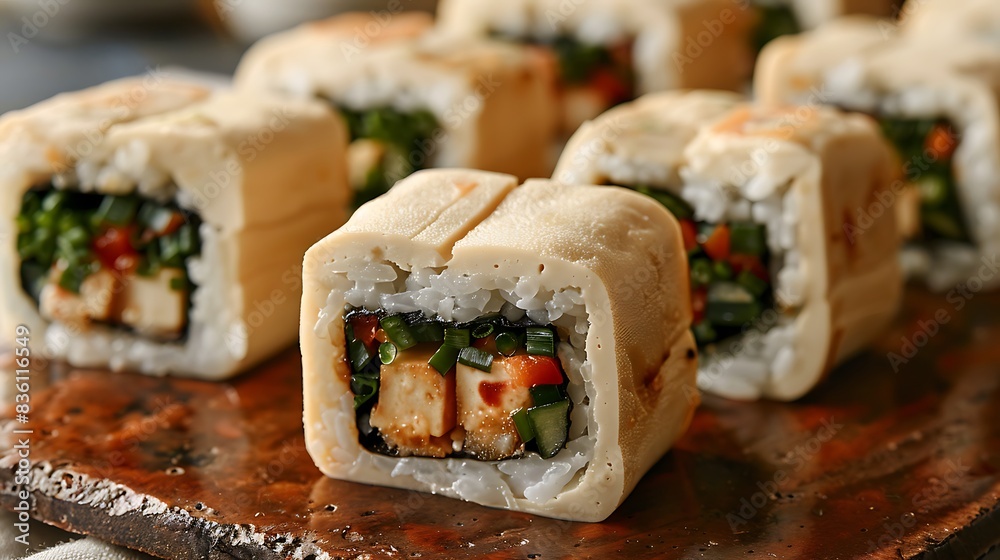 Show the process of making inari sushi at home, with close-up shots of ...