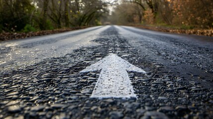 A path of endless possibilities with an image capturing an asphalt road disappearing into the horizon, marked by a painted white arrow pointing forward, serving as a symbol of motivation progress