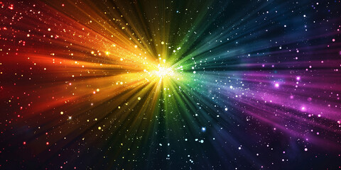 Wall Mural - A black background with radiant rainbow lights spreading and glowing in the dark.