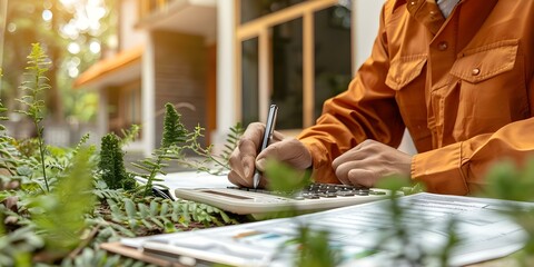 Wall Mural - Civil engineer calculating carbon footprint for green construction project with sustainability reports nearby. Concept Green construction, Carbon footprint, Sustainability reports, Civil engineering