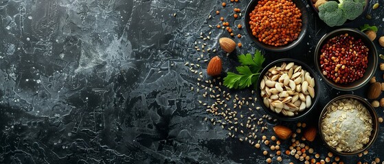 Artistic composition of vegetarian ingredients, including nuts, seeds, legumes, and grains, on a dark, textured background
